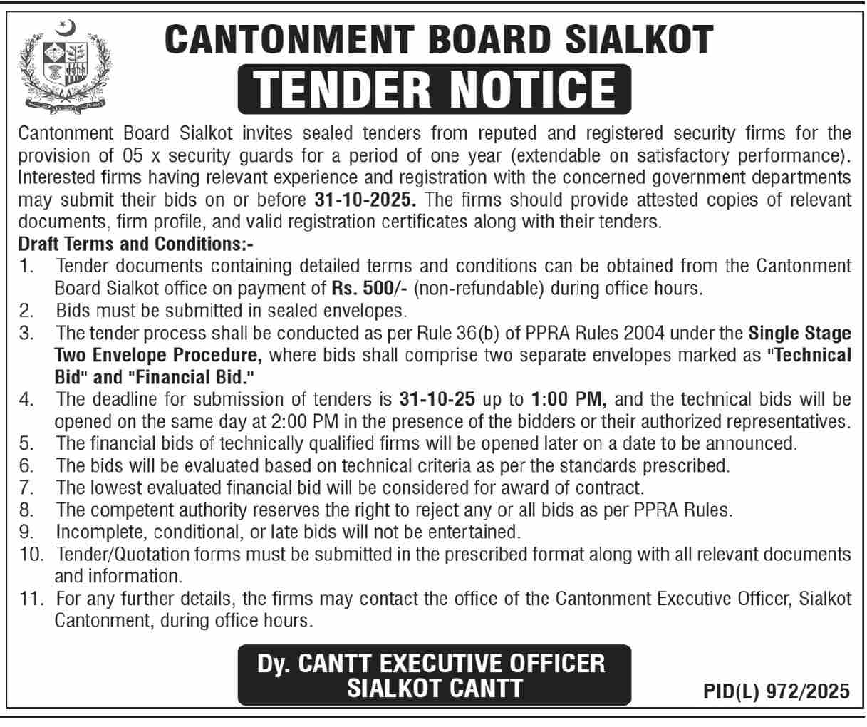 Cantonment Board Sialkot Tender Notice